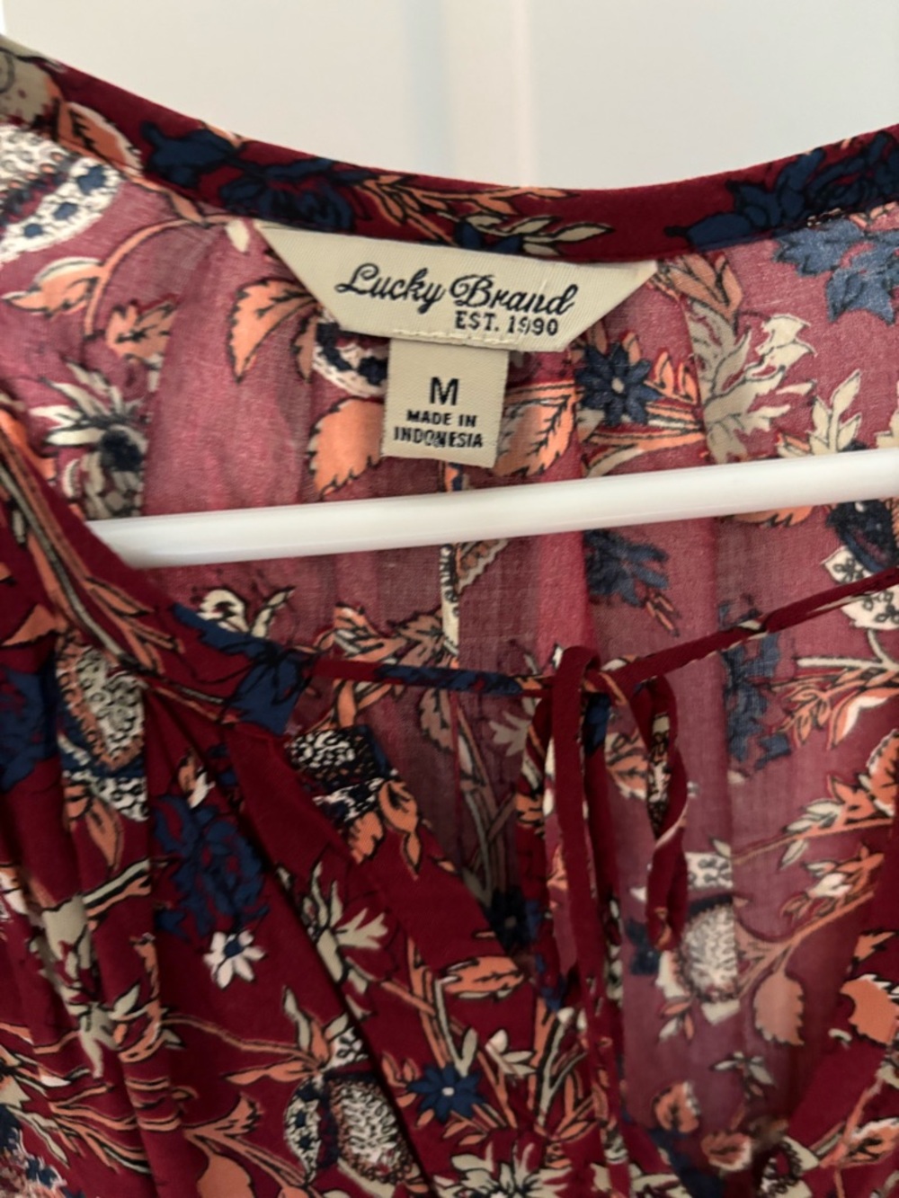Lucky Brand Burgundy Floral Peasant Top with Navy & Peach Accents